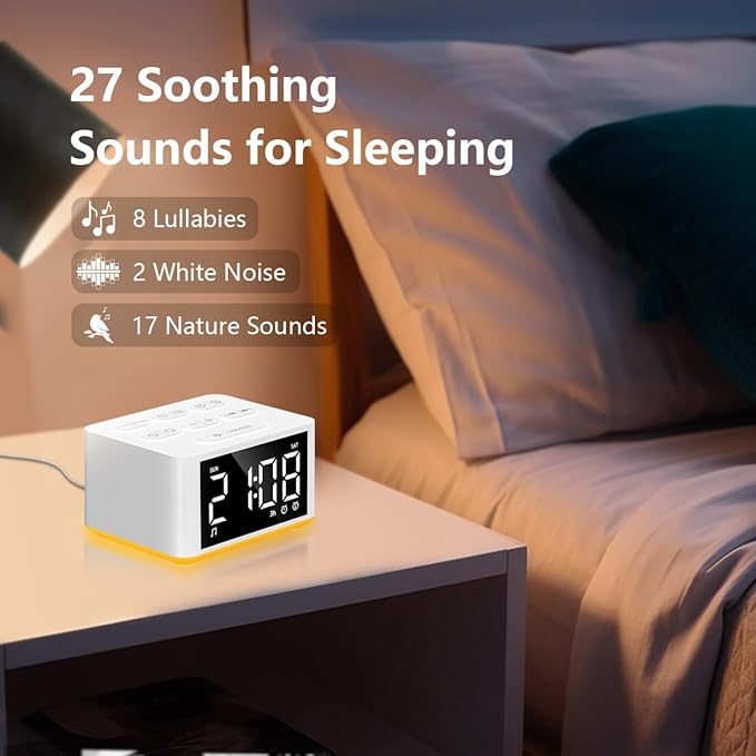 【3 in 1】 Small Sound Machine Alarm Clock Night Light White Noise Machine 27 Sleeping Sounds for Adults Kids Precise 32 Level Volume Sleep Timer Memory Function Digital Clock with 30 Wake Up Sounds