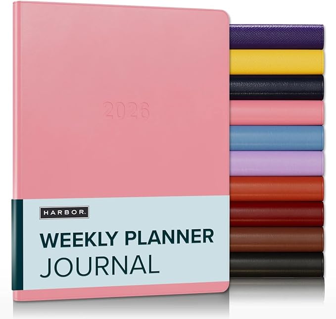 Harbor Weekly Journal Notebook Planner 2025-2026 - Lined, Durable Faux Leather, Softcover, 176 Quality Pages, For Men and Women, For Writing, Work & Travel, Cambridge Flamingo - 9x7"