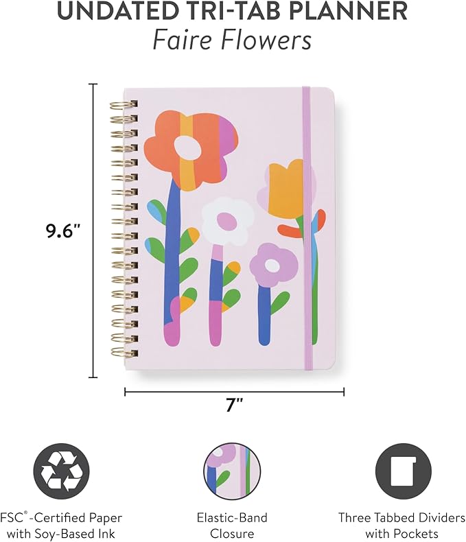 Orange Circle Studio Undated Tri-Tab Academic Planner 2026, Faire Flowers, Daily Notebook Journal, Cute Weekly and Monthly Calendar with Pocket, Stickers, Lined Pages for To Do lists and Planning