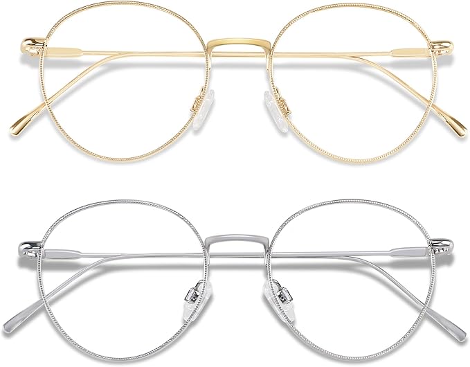 ANDWOOD Blue Light Blocking Glasses Women Men Small Face Computer Clear Bluelight Blocker Super Lightweight Metal Frame Round