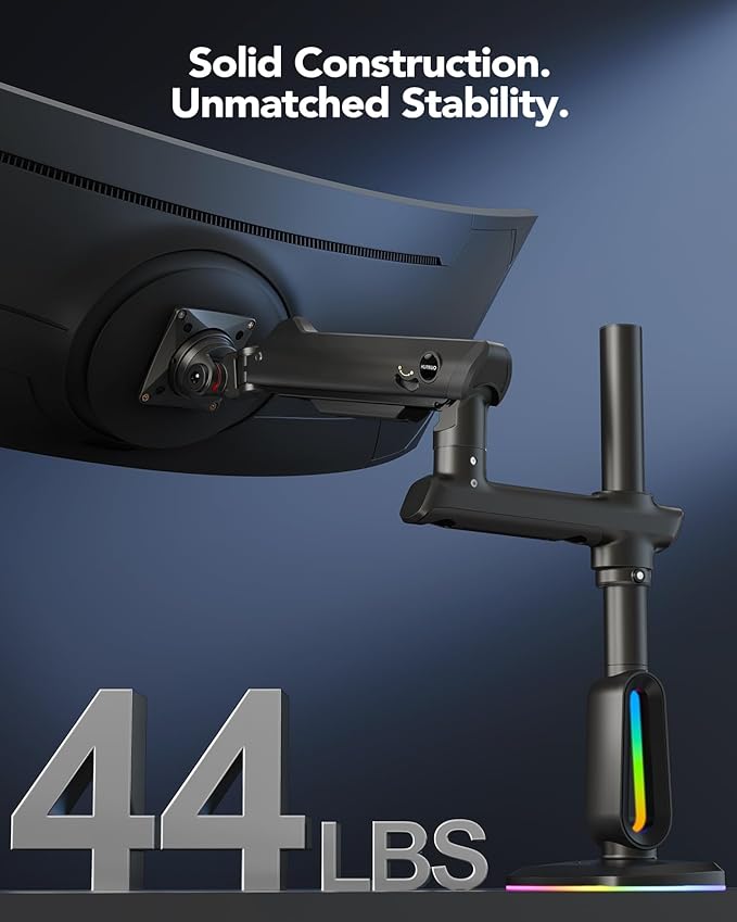 HUANUO RGB Heavy Duty Monitor Arm for Ultrawide Screens up to 57", Holds 44 lbs, Tall Ultrawide Monitor Stand with 29.1" Max Height, Fully Adjustable Single Computer Desk Mount, Max VESA 100x100mm