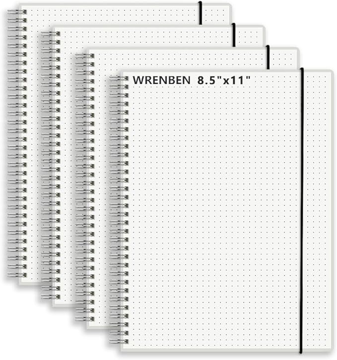 8.5" x 11" Dot Graph Spiral Notebook 120gsm Thick Paper 640 Pages with Removable Elastic Band (4 Pack, A4)