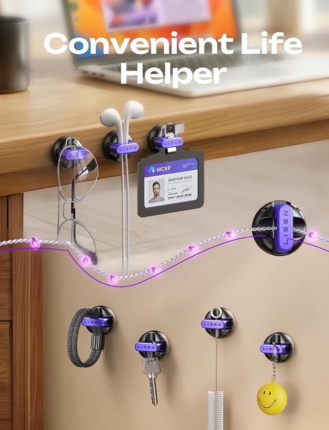 8-Pack Office Desk Accessories [1S Snap-On] Nightstand Organizer, LISEN Desk Organizers and Accessories with 4 Extra Strong Adhesive Pads, Wire Organizer for Nightstand, Home, Car, Desktop, Purple