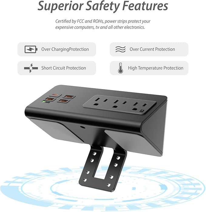 Desk Edge Clamp Mount Power Strips with 4 USB Ports(1xPD 20W USB-C Port)& 3 AC Outlets,1875 Joules Tabletop Surge Protector, Power Sockets for Office Table/Hotel Nightstands,ETL Listed (1-Pack, Black)