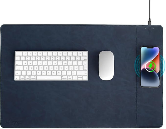 Magnetic Wireless Charging Desk Mat, 23.4"x15.6" Large Office Mouse Pad, Microfiber Leather Mouse Mat with Ultra-Smooth Surface, Waterproof Computer Keyboard Desk Mat for Office & Home, Laptop, Blue