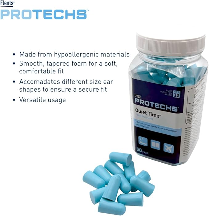 Flents Protechs Foam Ear Plugs for Sleeping, Snoring, Traveling, Concerts, Construction & Studying, Ultra Soft & Comfortable, Blue, 50 Pairs, NRR 32 Hearing Protection for Loud Noise