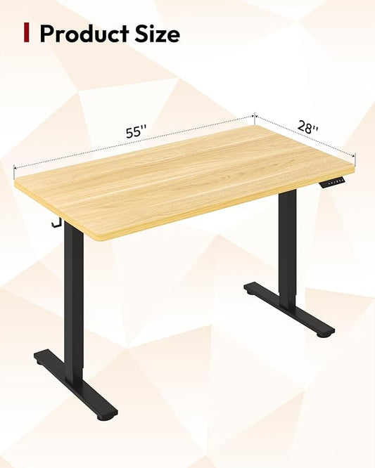SANODESK Electric Standing Desk 55 x 28 Inches Whole-Piece Desktop Height Adjustable Stand Up Desk w/6-Button Controller Ergonomic Computer Desk for Home Office, Black Frame + Natural Tabletop
