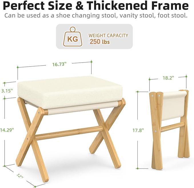 Foldable Foot Stool Ottoman, Modern Foot Rest with Bamboo X Legs & Thick Foam Cushion, Folding Foot Stools Small Padded for Bedroom Living Room, Makeup Vanity Stool Chair (Natural - Beige)