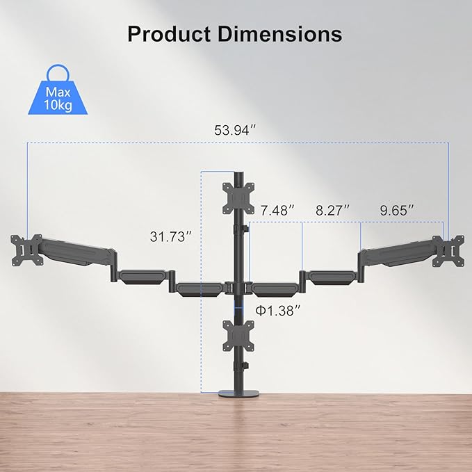 Pholiten Quad 4 Monitor Arm Desk Mount for Max 32 inch Screens, Gas Spring Adjustment Monitor Stand with VESA 75x75mm, 100x100 mm, Clamp & Grommet Install Black MD18864