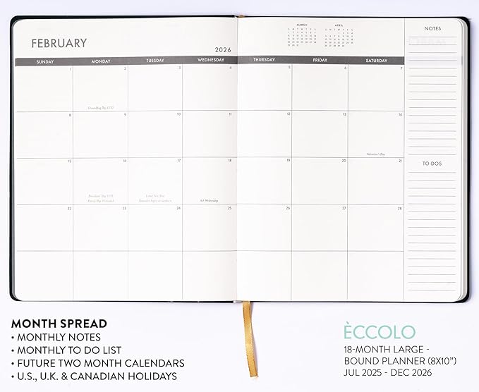 Eccolo 2025-2026 Large Agenda Planner, 18 Month, Yearly, Monthly & Weekly Pages, Habit & Gratitude Tracker (Linen Flexi-Cover- 8 x 10")