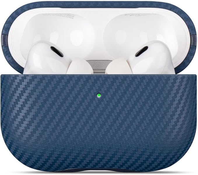 LOPIE Leather Case for AirPods Pro 2nd Generation - Handmade AirPods Pro 2 Case Cover - Made of Real Leather - Protective Hard Shell Cover - Carbon Fiber Style - Wireless Charging Compatible - Blue