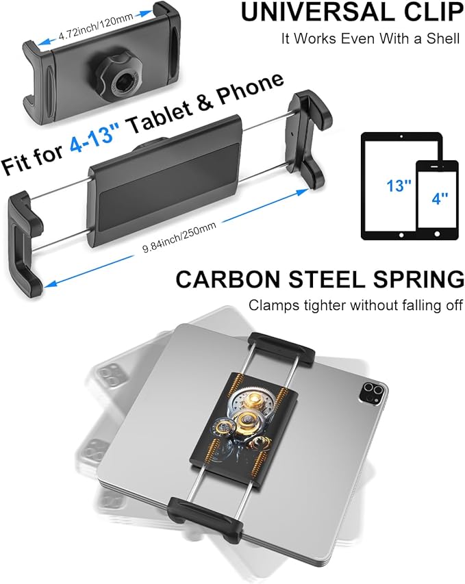 Spin Bike Tablet iPad Holder - Long Arm Gooseneck Tablet Mount Clamp for Indoor Bike Peloton, Treadmill, Wheelchair, Stroller, Exercise Bicycle Clamp for iPad Pro/Air/Mini, 4-13" Tablet Phone