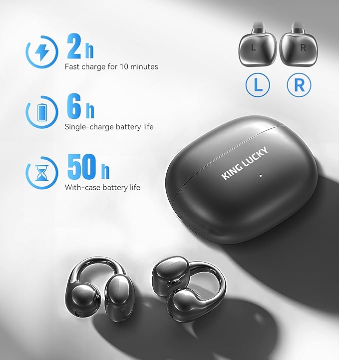 King Lucky Clip-on Earbuds,Open Ear Earbuds Wireless Bluetooth 5.4,Lightweight Open Ear Headphones with C-Shaped Bridge,Slim Hook, 50H Battery,Waterproof,for Glasses Wearers and Workouts (Black)