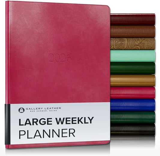 Gallery Leather Large Weekly Monthly Planner 2025-2026, Elegantly Bound Calendar Planner and Notebook with Stylish Gold-Gilded Page Edges, 12 Months - Acadia Wild Rose - 9.75 x 7.5 "