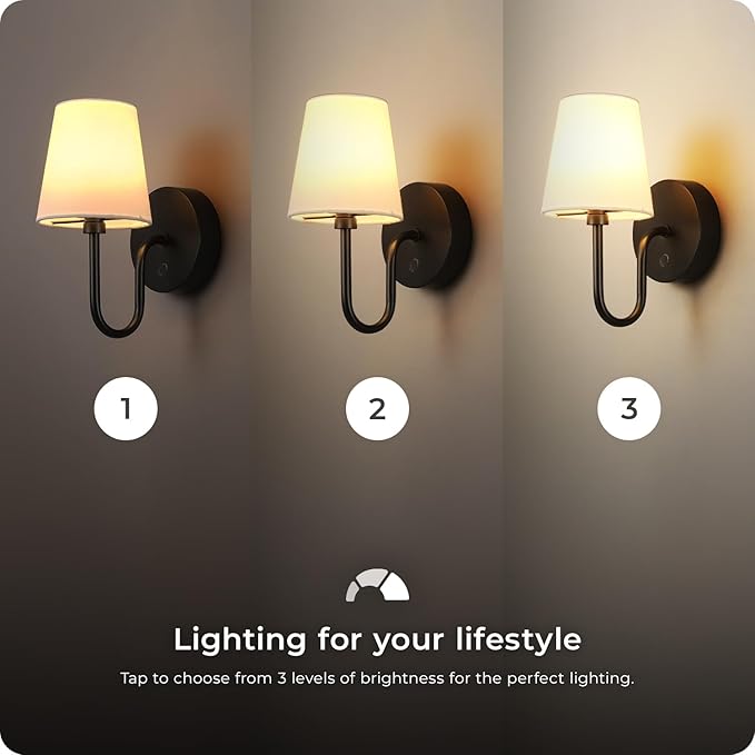 GLOBE Electric 65000132 Rechargeable Battery Wall Sconce, Integrated LED, Matte Black Finish, White Fabric Shade, 3-Step Touch Dimming, Timer, USB-C Charging, Wireless Modern Lighting