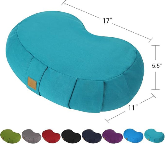 Crescent Zafu Meditation Pillow, D=17" W=11" H=5.5" Zabuton Yoga Bolster, Meditation Cushion, Floor Pouf Yoga Pillow Zippered Organic Cotton Cover Natural Buckwheat kneeling pillow - Large