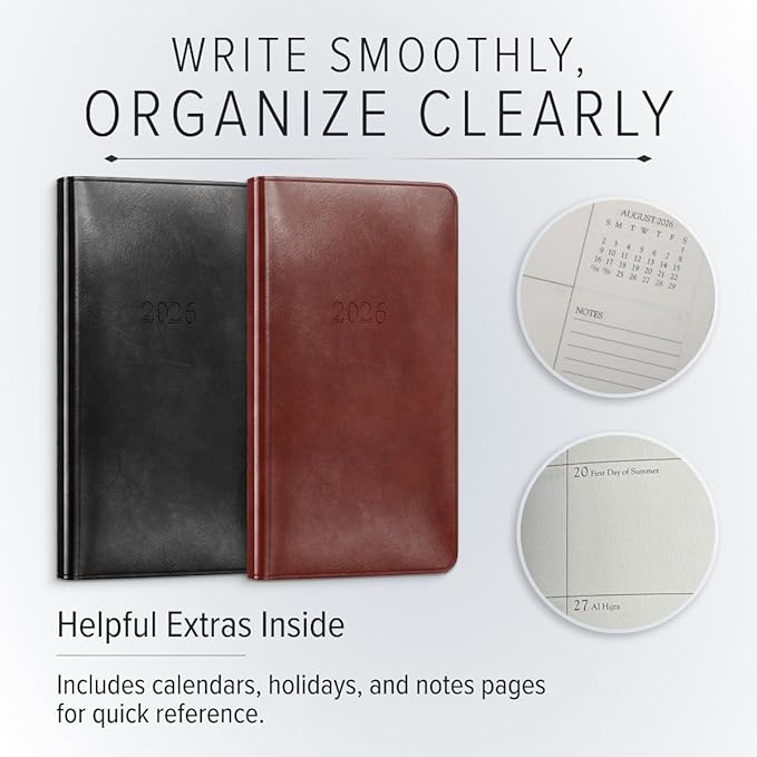 Gallery Leather Pocket Weekly Monthly Planner 2025-2026, Elegantly Bound Calendar Planner and Notebook with Stylish Gold-Gilded Page Edges, 12 Months - Monhegan Cocoa - 6 x 3.25 "