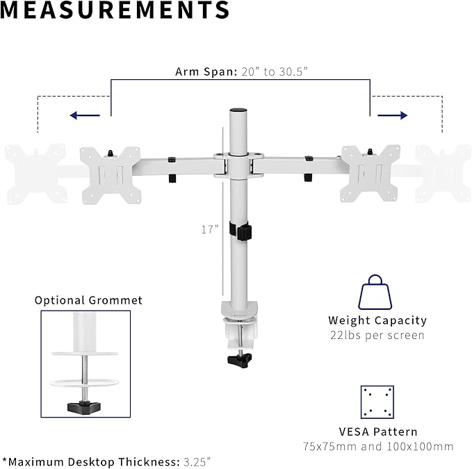 VIVO Dual LCD LED 21 to 32 inch Monitor Desk Mount, Heavy Duty, Adjustable Telescoping Arms, Flush Wall Setup, Fits 2 Screens, White, STAND-V002EW