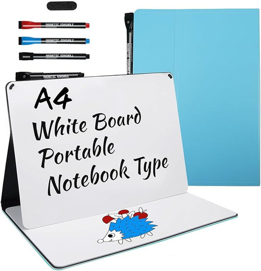 Small Portable White Board Dry Erase Notebook, 9" x 12" Double Sided Folding Whiteboards with 3 Pens, A4 Reusable Notebook with Storage Mesh Bag for Study, Meeting, Draft, Notes, Doodling