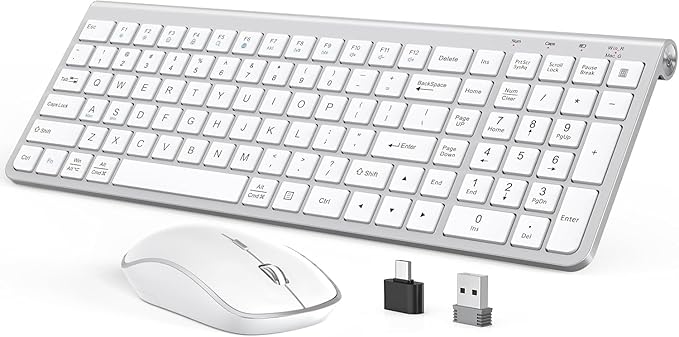 JOYACCESS Wireless Keyboard and Mouse, Ergonomic,Dustproof and Portable Wireless Keyboard with Number Keypad, Adjustable DPI Computer Mouse for Laptop,PC, Windows-Silver White