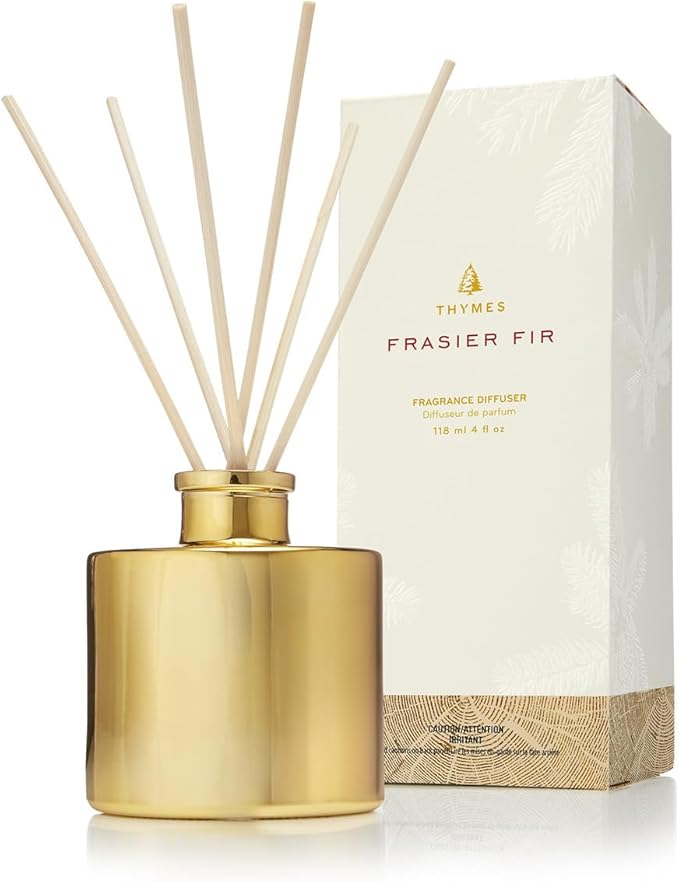Thymes Frasier Fir Reed Diffuser Set – Includes Reeds, Fragrance Oil, and Frosted Glass Bottle – Fragrance Oil Diffuser – Room Fresheners – Luxury Home Decor – Gold (Gilded, 4 fl oz)