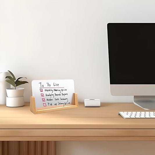Desktop Glass Whiteboard with Wood Base, 8.46" x5.12" Small Desk Dry Erase Board Mini Whiteboard for Office Home, Accessories Included