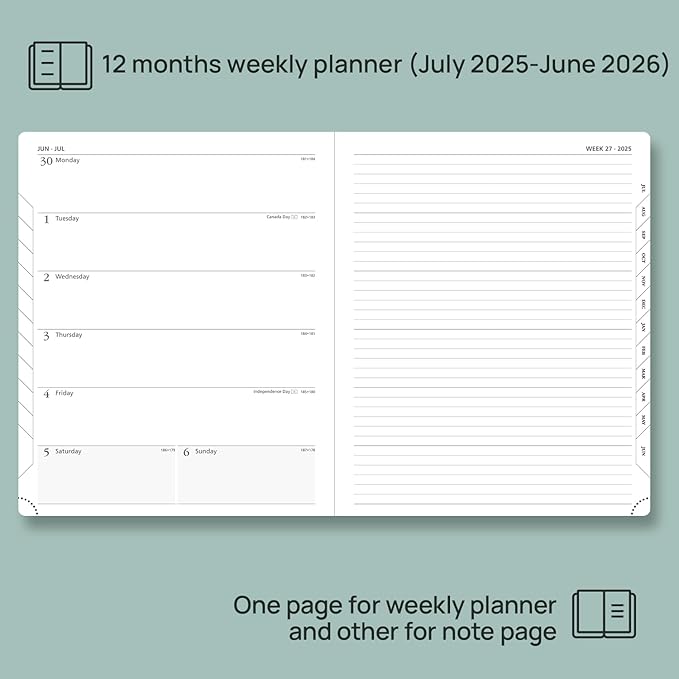 POPRUN Planner 2025-2026 Weekly Notebook (Large 8.5''x 10.5'') Academic Calendar (JUL.25 - JUN.26) Appointment Book with Monthly Tabs, Leather Soft Cover, Inner Pocket, 100 GSM - Black