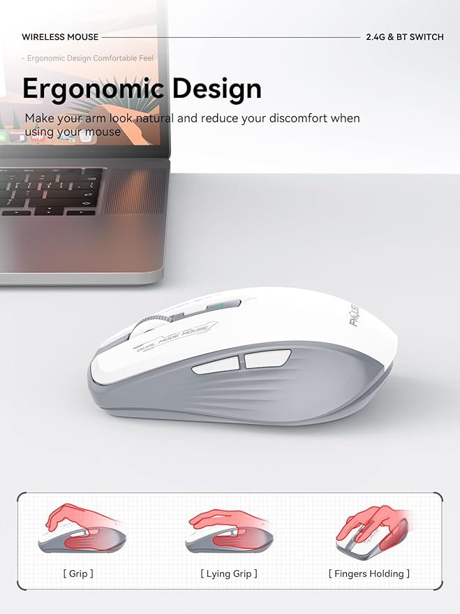 Bluetooth Mouse, Bluetooth 5.1 + 2.4GHz USB + USB-C Dongle, Wireless Mouse Tri-Mode, with Forward/Backward Side Keys, Silent Click, Side Buttons, Portable for Laptop, Mac, iPad (Gray White)