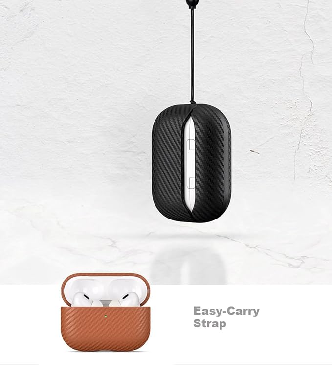 LOPIE Leather Case for AirPods Pro 2nd Generation - Handmade AirPods Pro 2 Case Cover - Made of Real Leather - Protective Hard Shell Cover - Carbon Fiber Style - Wireless Charging Compatible - Brown
