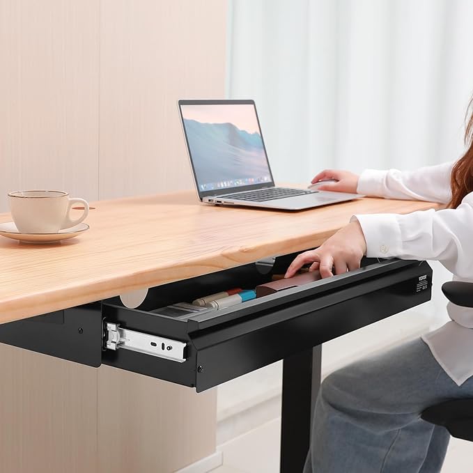 VEVOR Under Desk Drawer Slide Out, 26 inch Under Desk Mounted Pull-out Drawer Attachment, Hidden Under Counter Drawers for office Home Sit Stand Workstation, Black