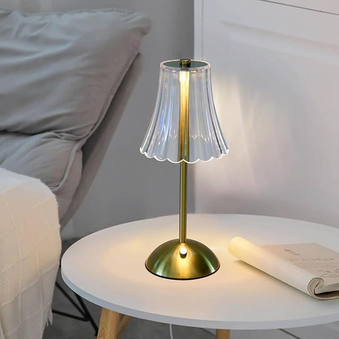 Cordless Table Lamp Rechargeable,LED 3 Colors Light Touch Dimmable Gold Small Lamp Decorative 12" for Nightstand,Bedside,Kitchen,Living Room 2600mAh High Capacity Battery Powered (Acrylic Flower)