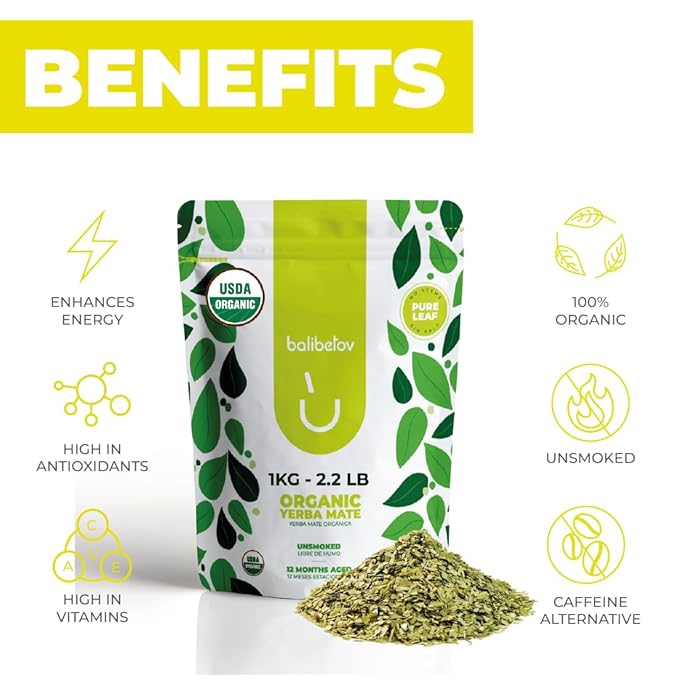 BALIBETOV Organic Yerba Mate Tea Loose Leaf, 2.2. lb. Bag, Natural Pure Leaf, Clean High Energy, Unsmoked Artisanal, Gluten Free, Vegan Friendly, Hot or Cold Drink (2.2 Pounds (Pack of 1), Pure Leaf)