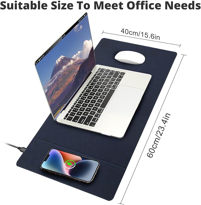Magnetic Wireless Charging Desk Mat, 23.4''x15.6'' Large Office Mouse Pad, Microfiber Leather Mouse Mat with Ultra-Smooth Surface, Waterproof Computer Keyboard Desk Mat for Office & Home, Laptop, Blue