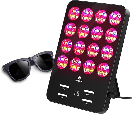 CooCoCo Red Light Therapy, Face Light Therapy Panel with Stand, 630nm Red, 590nm Yellow and 460nm Blue Lamp, Protective Goggles, 6 Modes, Gifts for Women Men (Corded)