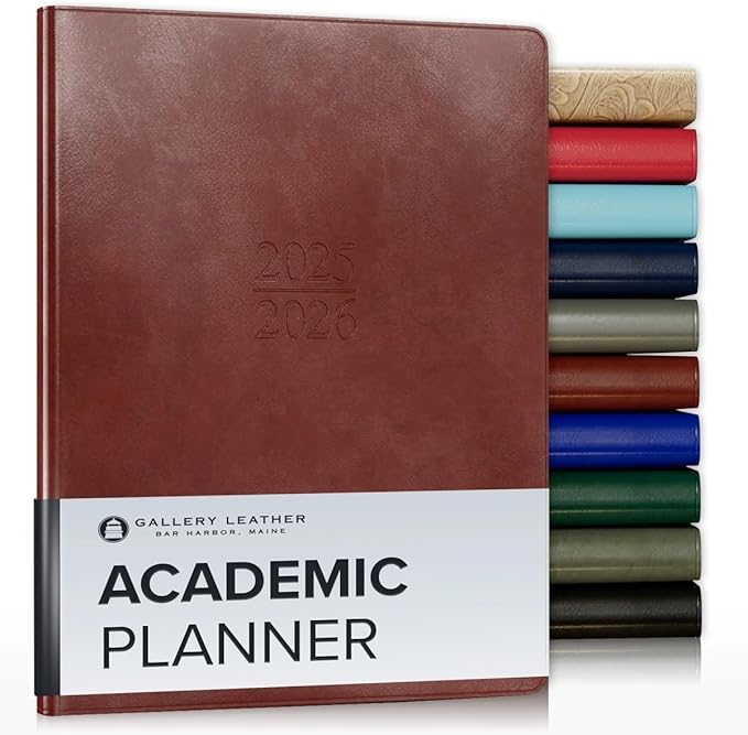 Gallery Leather Academic Planner 2025-2026, Teacher and Student Weekly Monthly Planner, Elegantly Bound Calendar with Gold-Gilded Page Edges, 18 Months - Acadia Tan - 9x7"