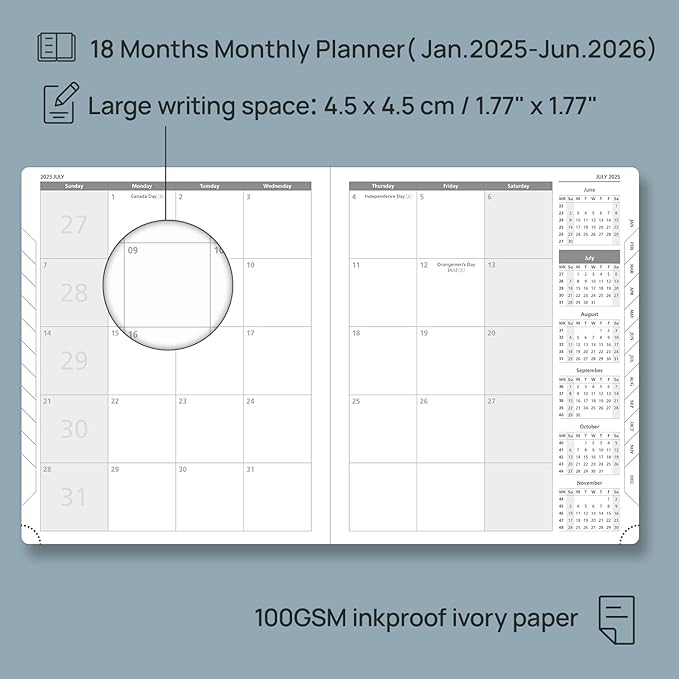 POPRUN Monthly Planner 2025-2026 (Large- 8.5" x 10.5" Soft Cover), 18-Month Calendar Book (January 2025-June 2026), Calendar Planner with Monthly Tabs & Pocket, 100 GSM Paper - Black