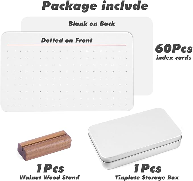 Dotted Index Cards, 3x5, Thick Heavyweight 350gsm Cards, 60 Count, To Do List,Task Checklist, Planner with Walnut Holder, Note idea, Record Recipe, Strategy cards with Tinplate Storage Box