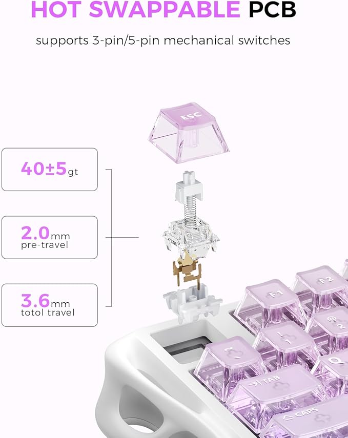 GravaStar Mercury K1 Lite 75% Gaming Keyboard, 2.4GHz/BT/Wired Tri-Mode Wireless Keyboard, Gasket Hot Swappable Mechanical Keyboard, Pre-lubed Linear Switches, RGB Backlit (Crystal Aurora)