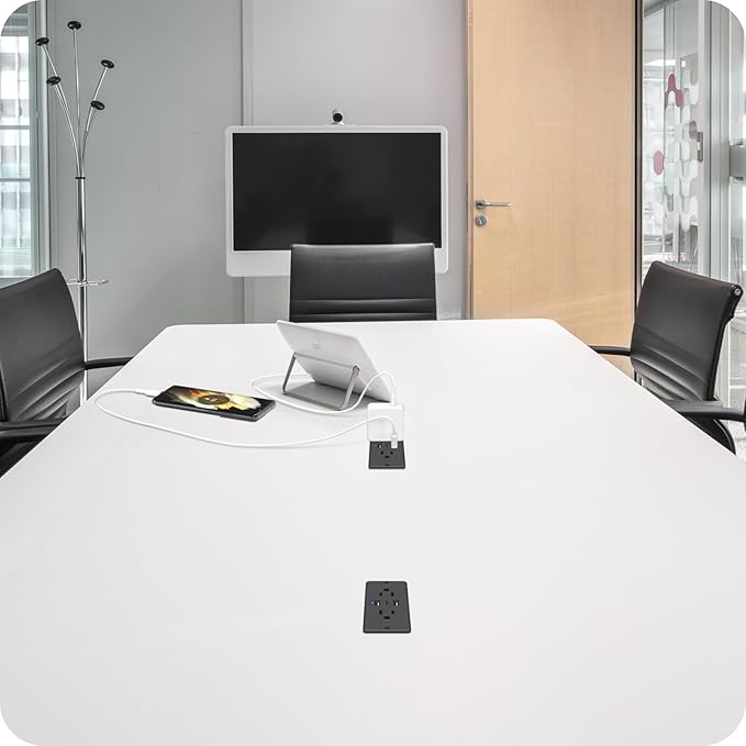 HHSOET 5 in 1 Recessed Power Strip Flat Plug, 45W Fast Charging Furniture Outlet with USB, Conference Recessed Socket with 2 AC Plugs, 2 USB Ports 1 USB-C, 6ft Power Cord. (Black)