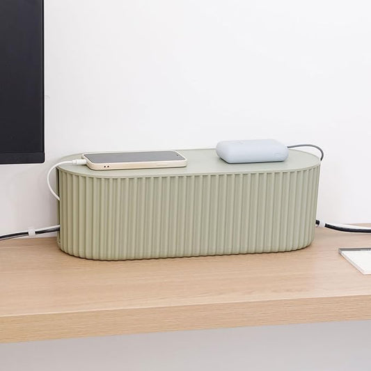 Green Cable Management Box, Power Strips Hider Cover Under TV and Desk for Home, Office, School Use, Plastic Surge Protector Cover on Floor, Electronics Cord Bin with Lid (Large)