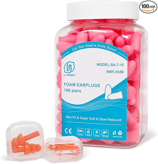 LYSIAN Slim Size Foam Ear Plugs for Noise Reduction Small Ear Women, Kids-35dB SNR Noise Cancelling Earplugs for Sleeping, Snoring, Fireworks, Shooting, Study Loud Noise, Pink-100 Pairs,