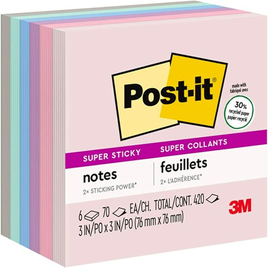 Post-it Super Sticky Recycled Notes, 3x3 in, 6 Pads, 2X The Sticking Power, Bali Collection, Pastel Colors (Lavender, Apricot, Blue, Pink, Mint), 30% Recycled Paper (654-6SSNRP)