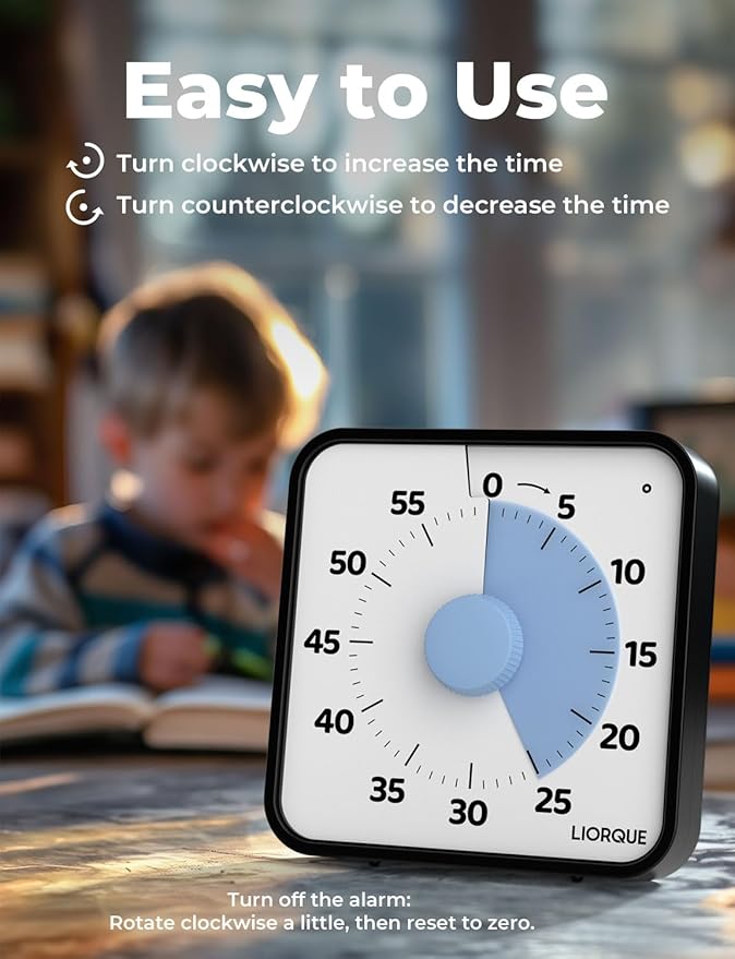 LIORQUE 60 Minute Visual Timer for Kids and Adults, Non-Ticking 7.5 Inch Large Visual Countdown Timers for Classroom Desk Countdown Clock with Magnetic Backing, Kids Pomodoro Timer Clock
