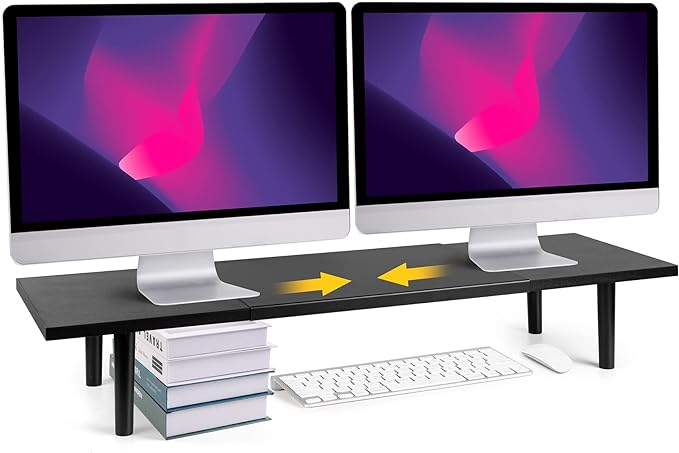 Dual-Monitor-Stand-Riser-For-Desk Adjustable Length 32-40 Inch，Large Desktop Computer Monitor Riser For 2 Screens，Desk Shelf Organizer Riser Stand For Computer/Laptop/PC/Printer/TV Black