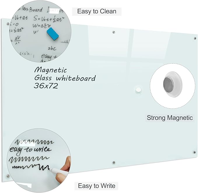 Glass Magnetic White Board - 72 x36 Inches Dry Erase Whiteboard for Wall, Frameless Wrting Board for Display, Large Wall Mounted Glass Board for School, Office and Home
