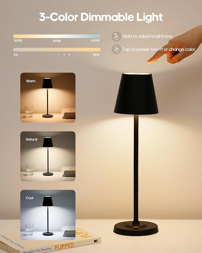 LED Cordless Table Lamp Rechargeable, 3-Height Adjustable, 5500mAh Battery Operated Lamp, 3-Color Dimming Touch Lamp, Portable Lamp for Dining, Bedroom,Camping, Outdoor, Indoor(Black 1 Pc)