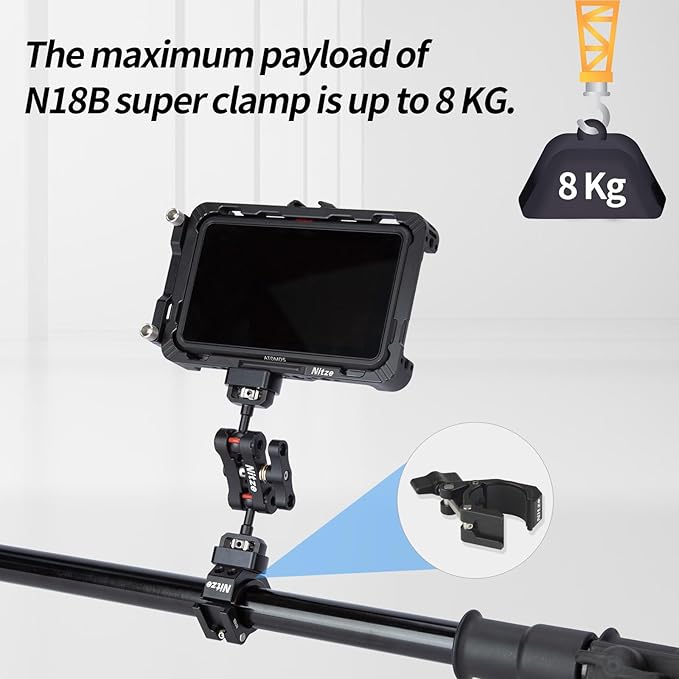 Nitze Super Clamp, Camera Crab Clamp with 3/8” to 1/4” Thread Adapter for Cameras, Lights, Hooks, Shelves, Tripods and Cross Bars - N18B