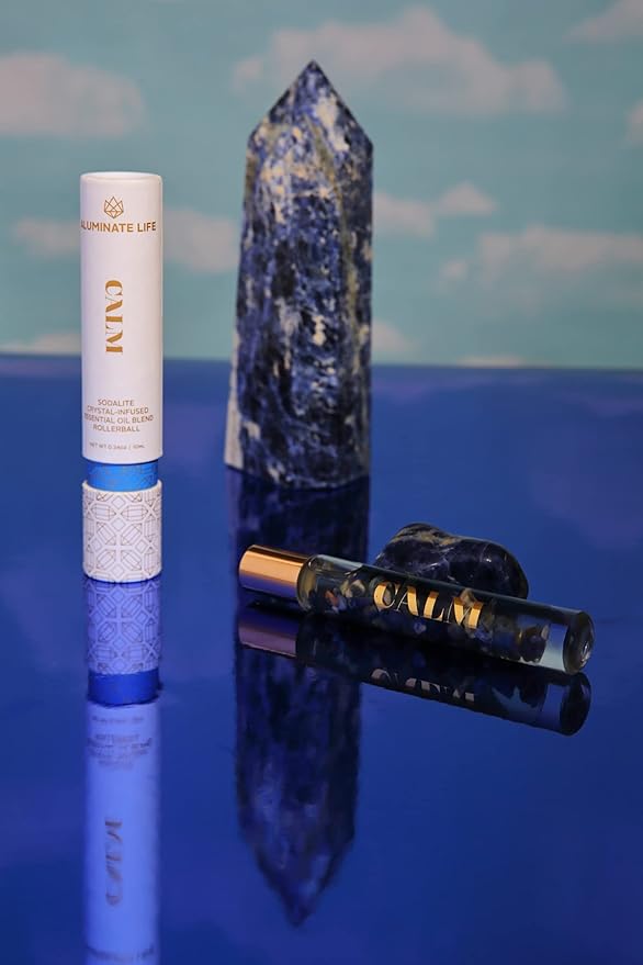 Essential Oil Rollerballs, .34 OZ, Calm - Sodalite Crystal Infused - Scents of Chamomile, Howood, & Sage - Aromatherapy Roll On Oils, Skin Care, Massage