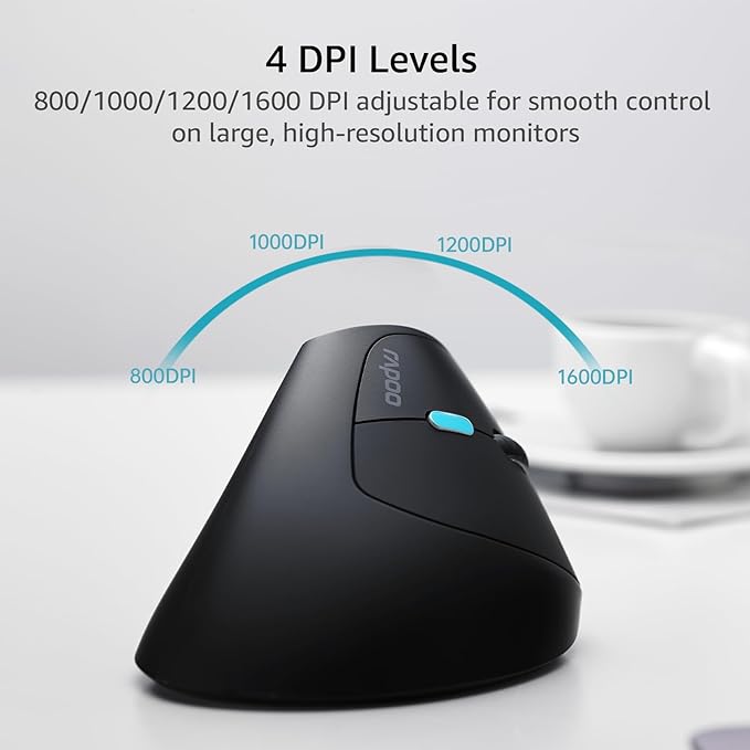 Rapoo EV250 Silent Vertical Ergonomic Mouse, 2.4G Wireless Optical Mouse, 800/1000/1200/1600 DPI, Quiet Clicks, 5 Buttons, Compatible with Windows/Mac OS/iPad OS, Laptop, PC - Black