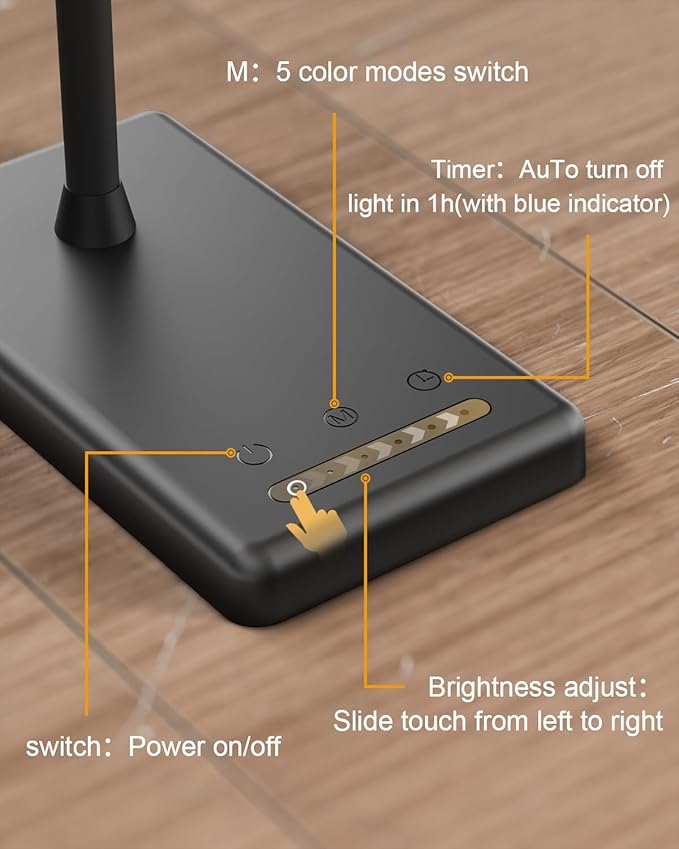 LED Desk Lamp Touch Control Desk Lamp with USB Charging Port 5 Color Modes 6 Brightness Levels Dimmable Eye-Caring Office Lamp with Memory Function 1h Timer Adjustable Gooseneck Table Lamp